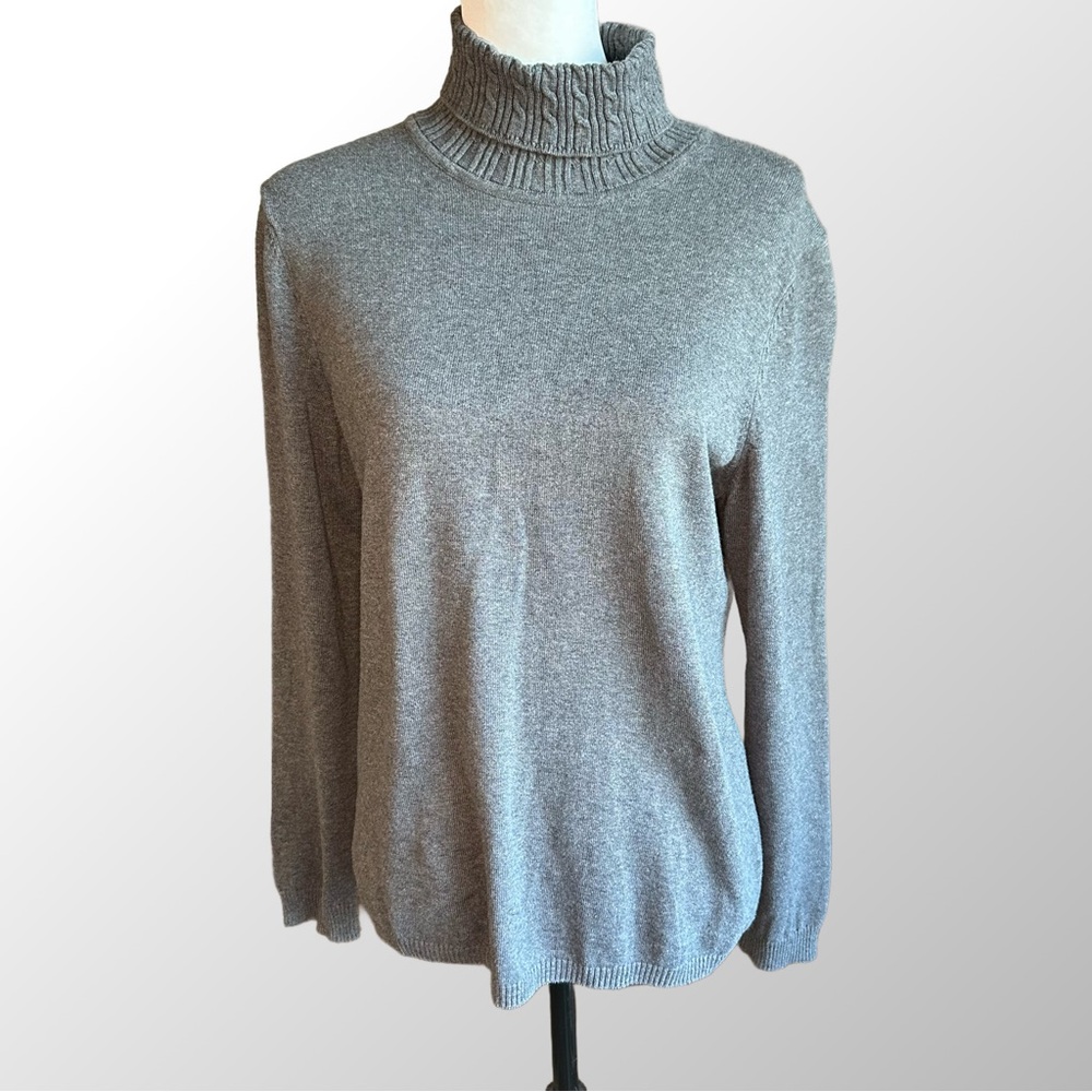Talbots Turtleneck Sweater Women's Large Gray Cotton Cable Knit Detail on Neck
